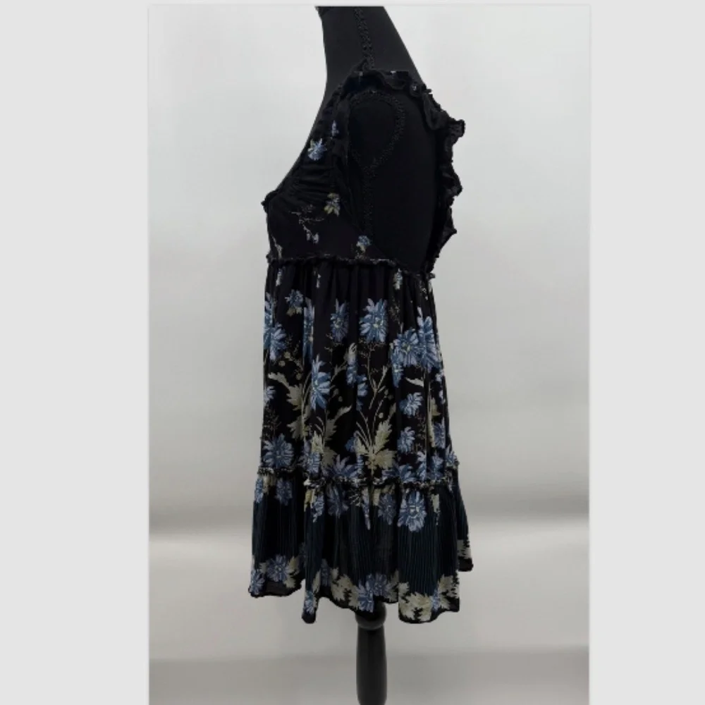 Intimately Free People Dress Women Small Black Blue Floral Slip Ruffle ScoopNeck